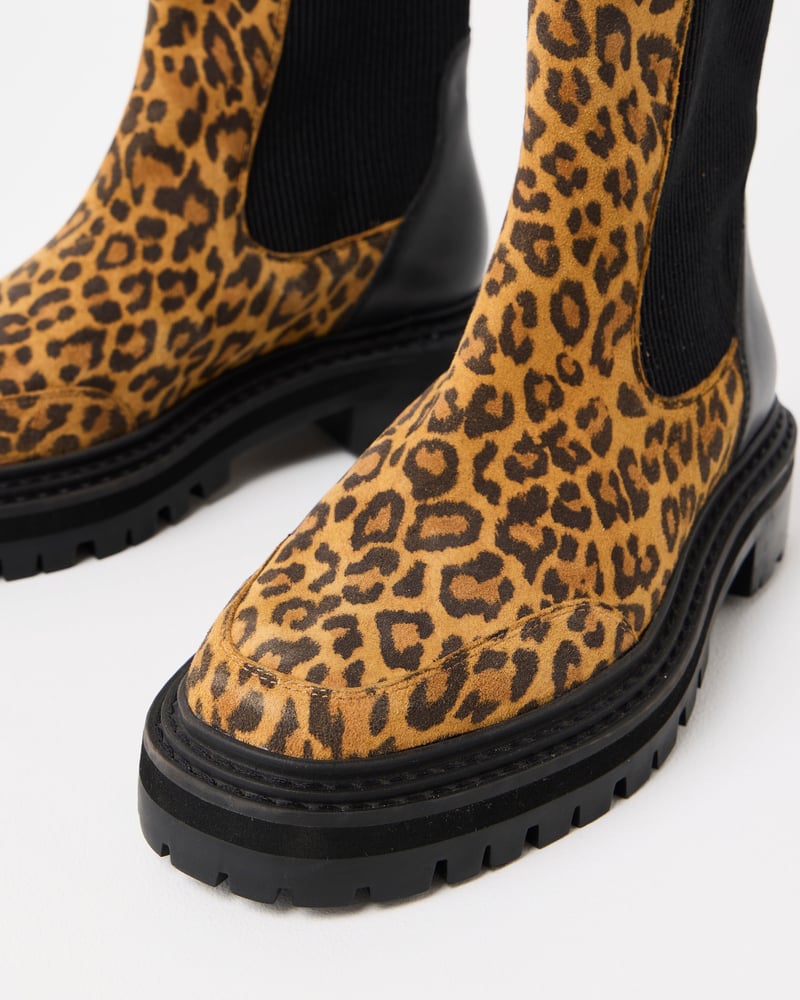 Brown Animal Print Suede Chunky Chelsea Boots