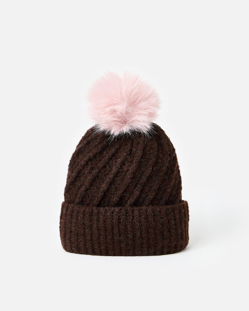 Chocolate Brown Twisted Cable Knit Bobble Hat