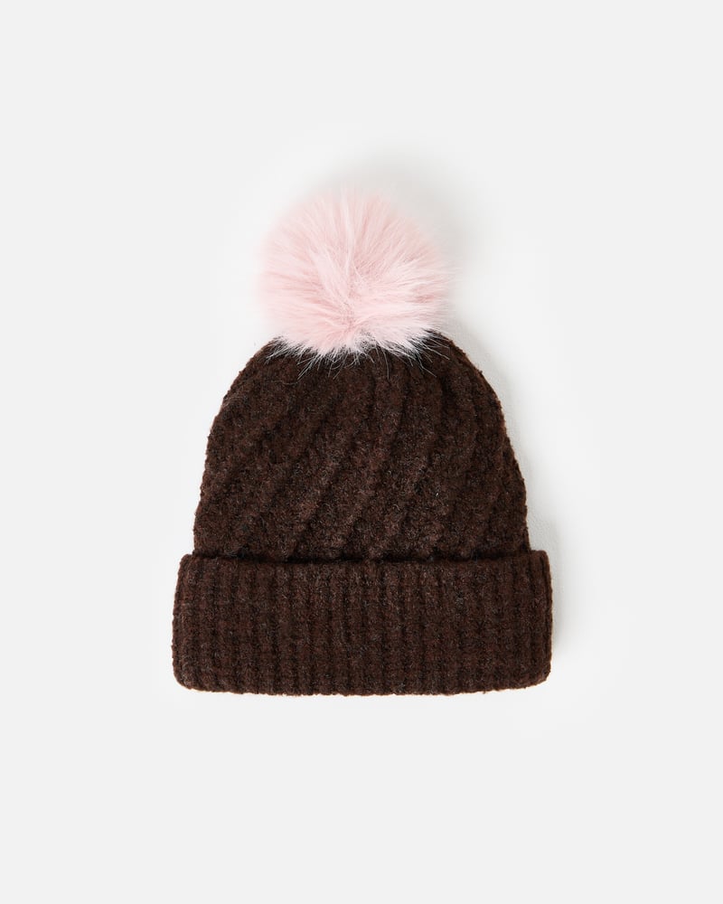 Chocolate Brown Twisted Cable Knit Bobble Hat