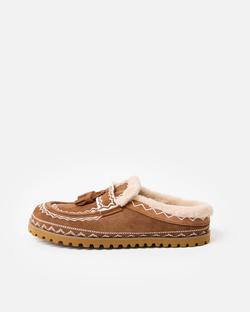 Bibi Lou Brown & Cream Embroidered Suede Slip On Loafers