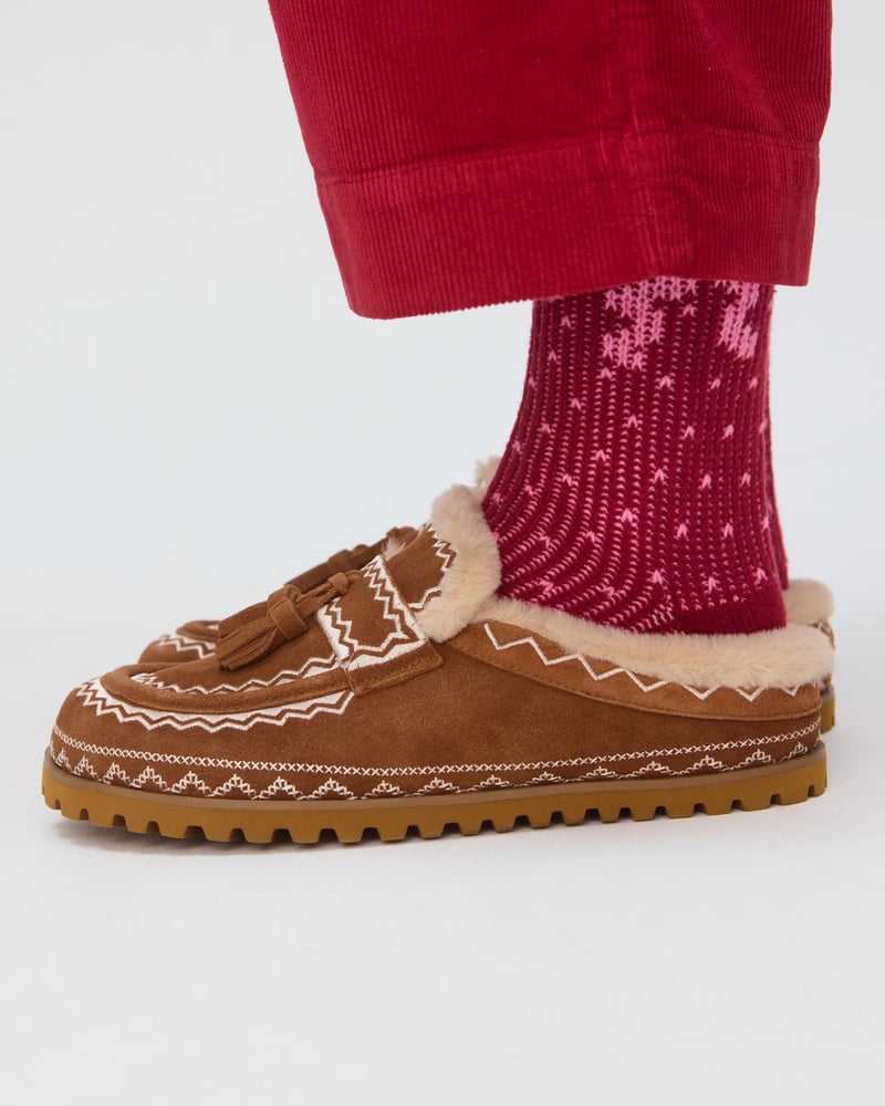 Bibi Lou Brown & Cream Embroidered Suede Slip On Loafers