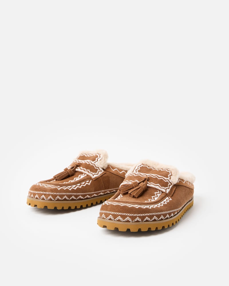 Bibi Lou Brown & Cream Embroidered Suede Slip On Loafers