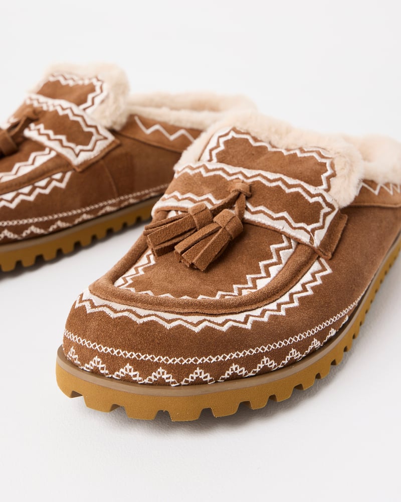 Bibi Lou Brown & Cream Embroidered Suede Slip On Loafers