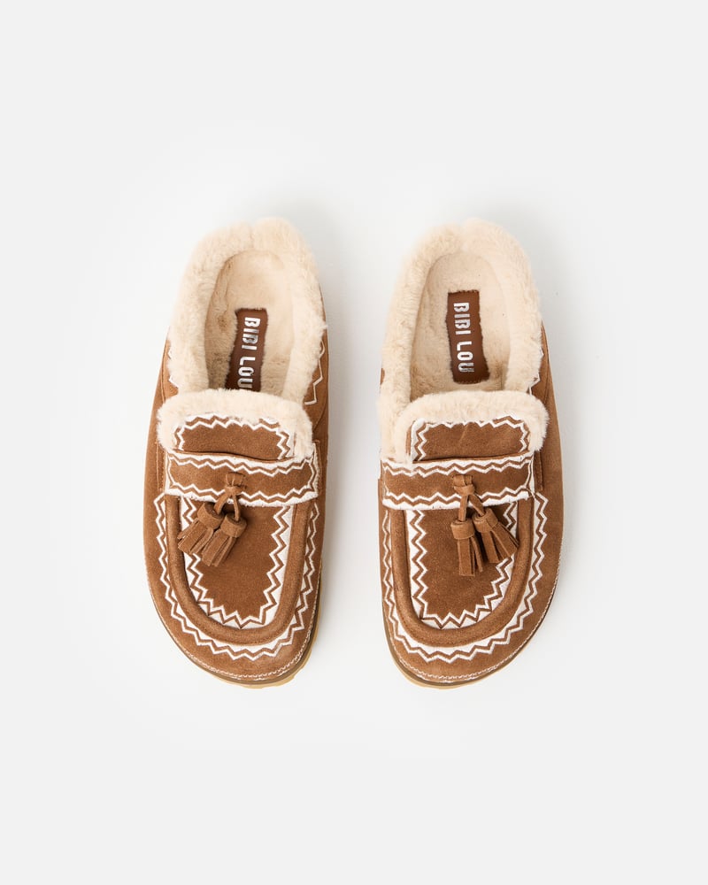 Bibi Lou Brown & Cream Embroidered Suede Slip On Loafers