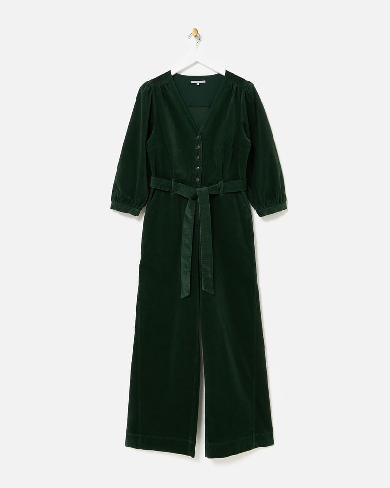 Green Corduroy V-Neck Tie Waist Jumpsuit