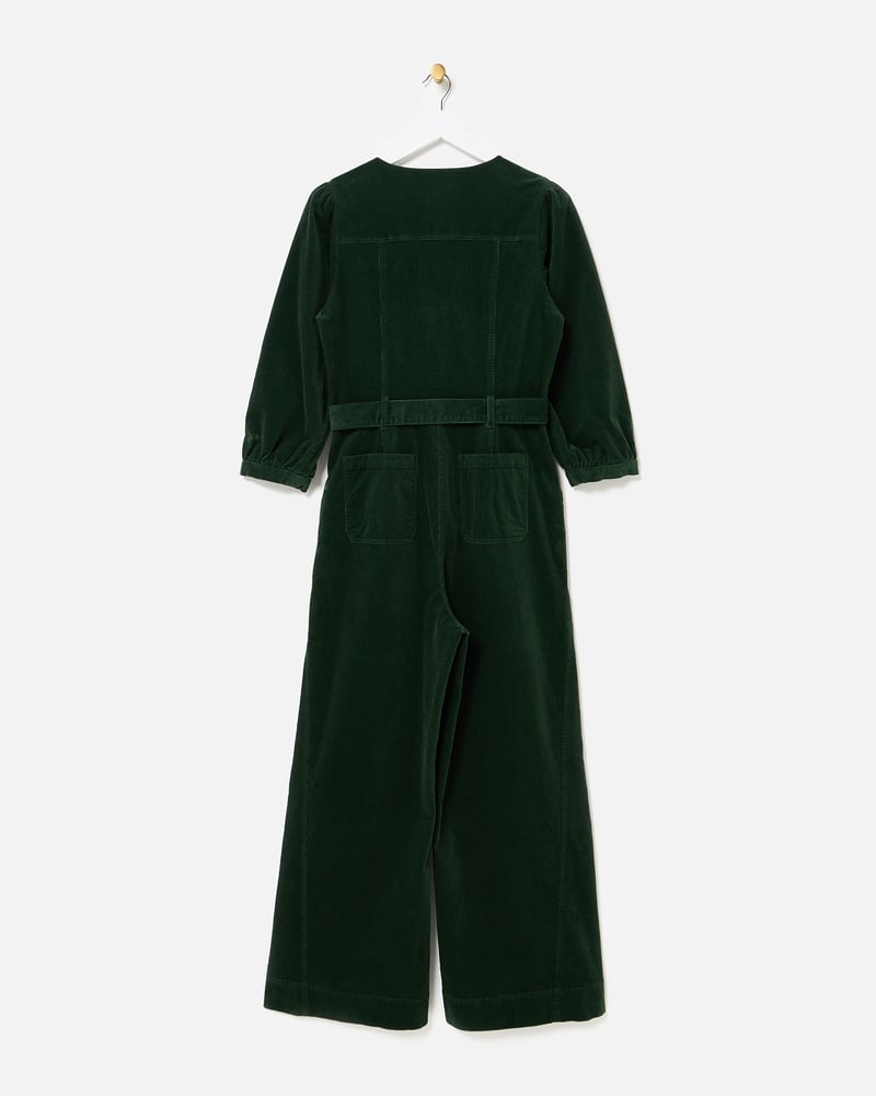Green Corduroy V-Neck Tie Waist Jumpsuit