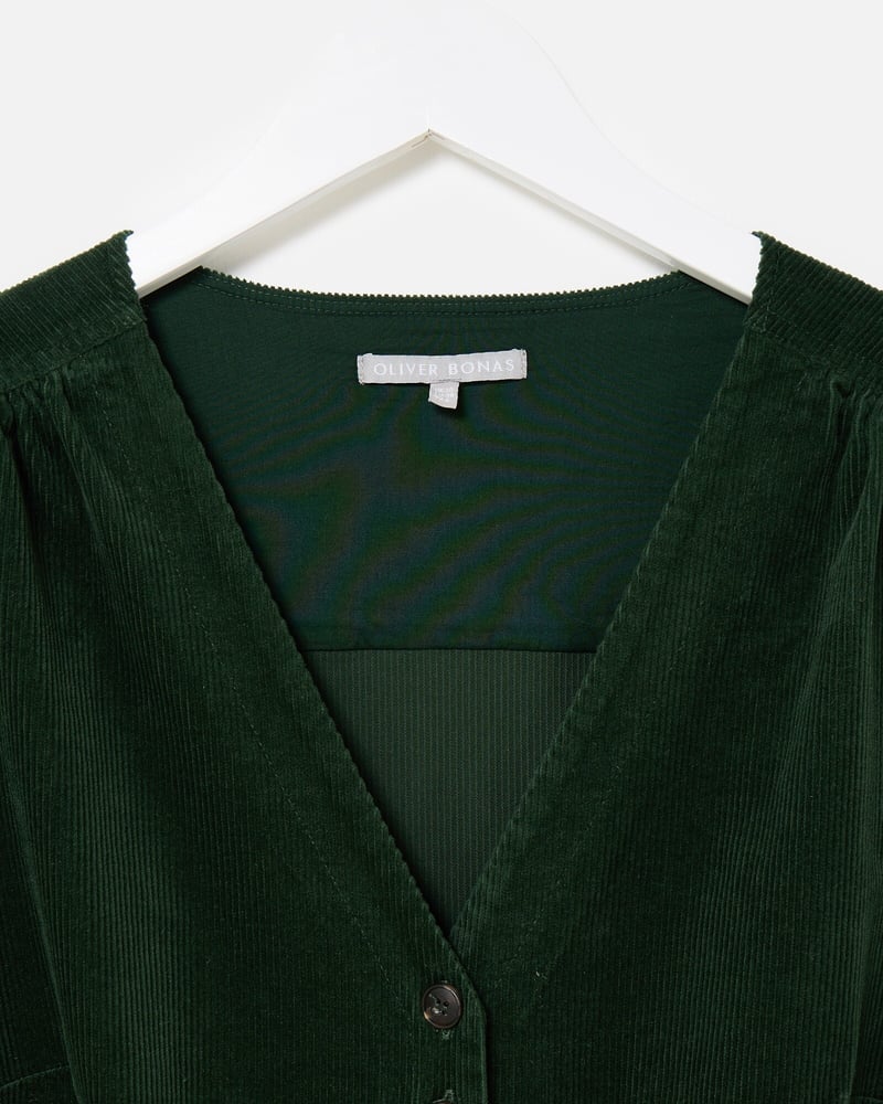 Green Corduroy V-Neck Tie Waist Jumpsuit