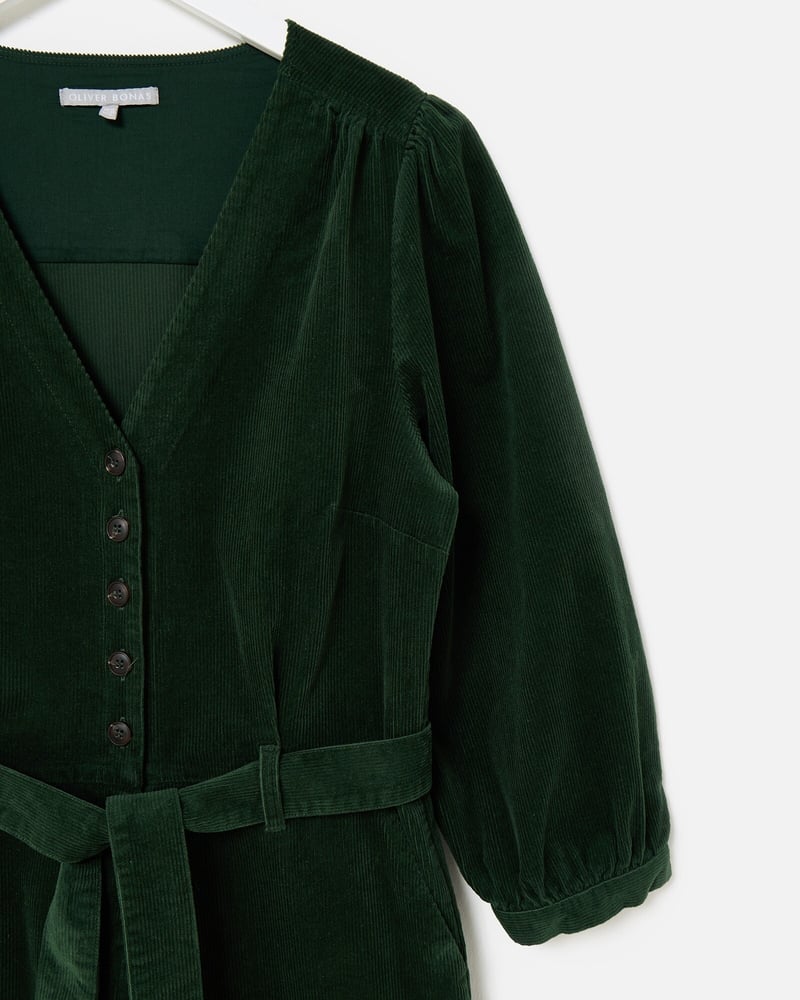 Green Corduroy V-Neck Tie Waist Jumpsuit