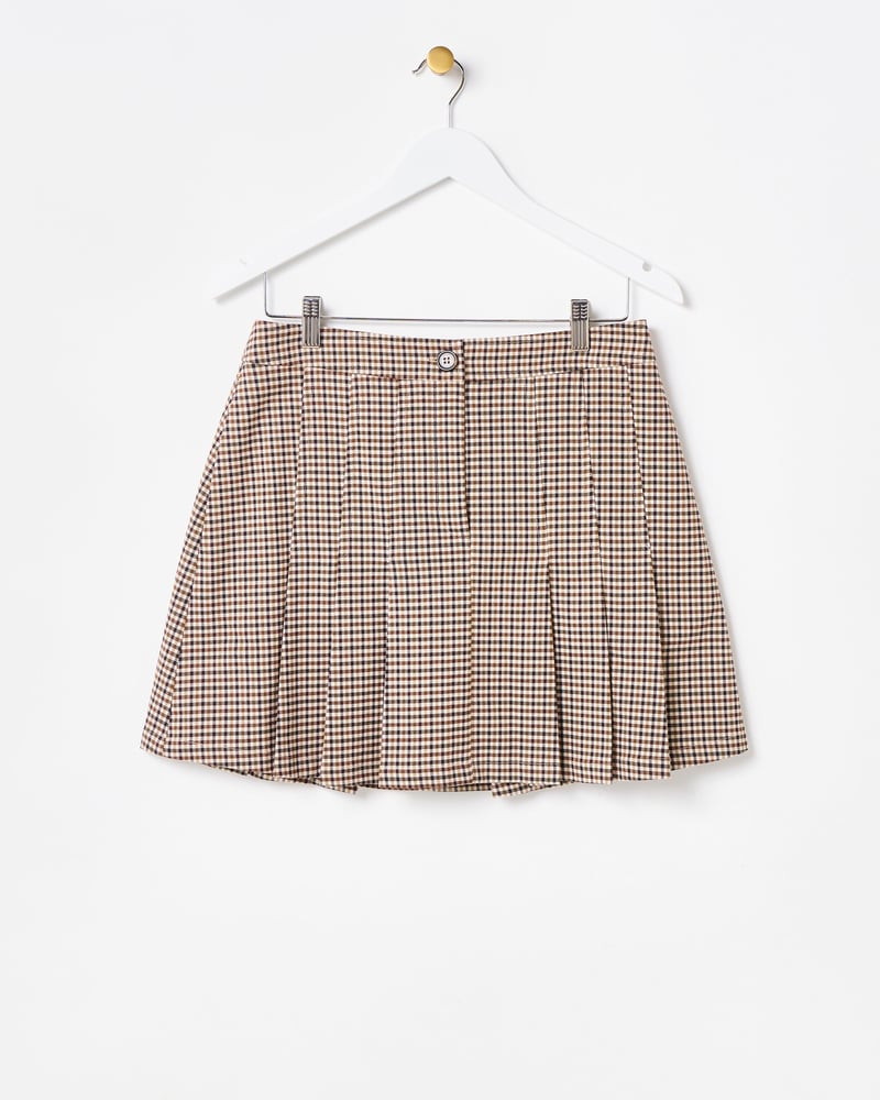 Brown Checked Pleated Mini Skirt