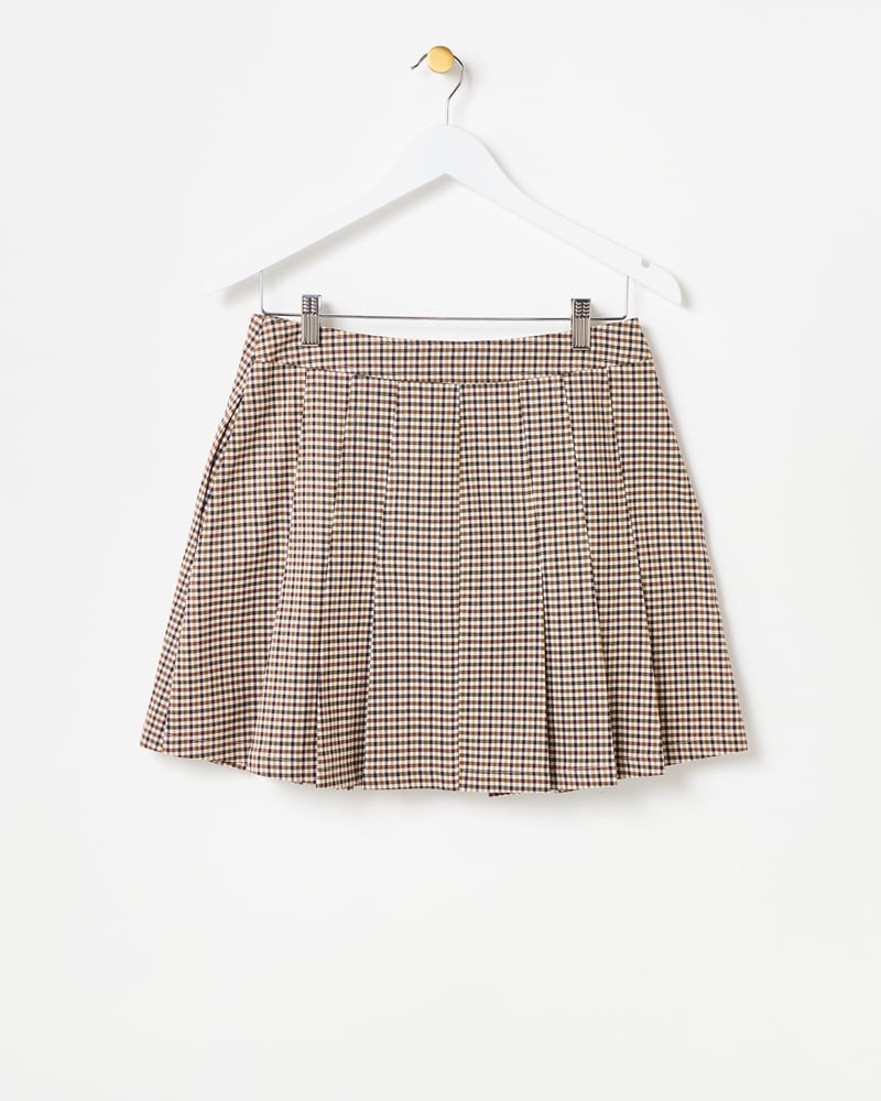 Brown Checked Pleated Mini Skirt