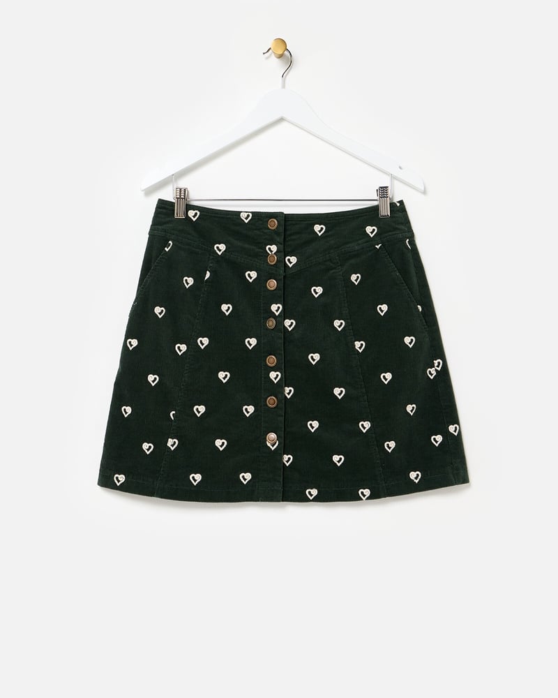 Dark Green Corduroy Heart Embroidered Mini Skirt
