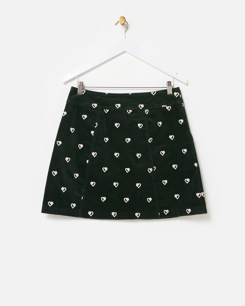 Dark Green Corduroy Heart Embroidered Mini Skirt