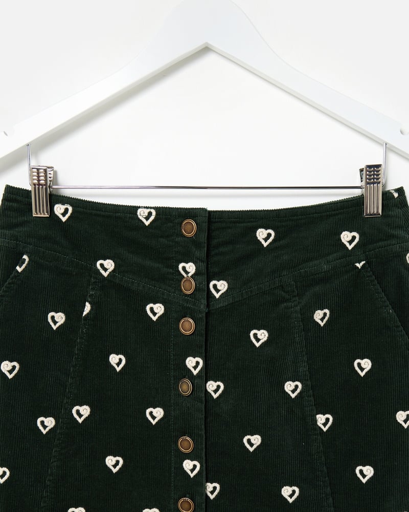 Dark Green Corduroy Heart Embroidered Mini Skirt