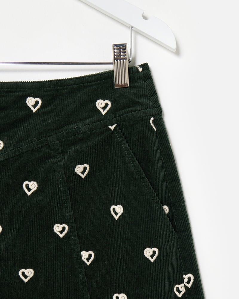 Dark Green Corduroy Heart Embroidered Mini Skirt