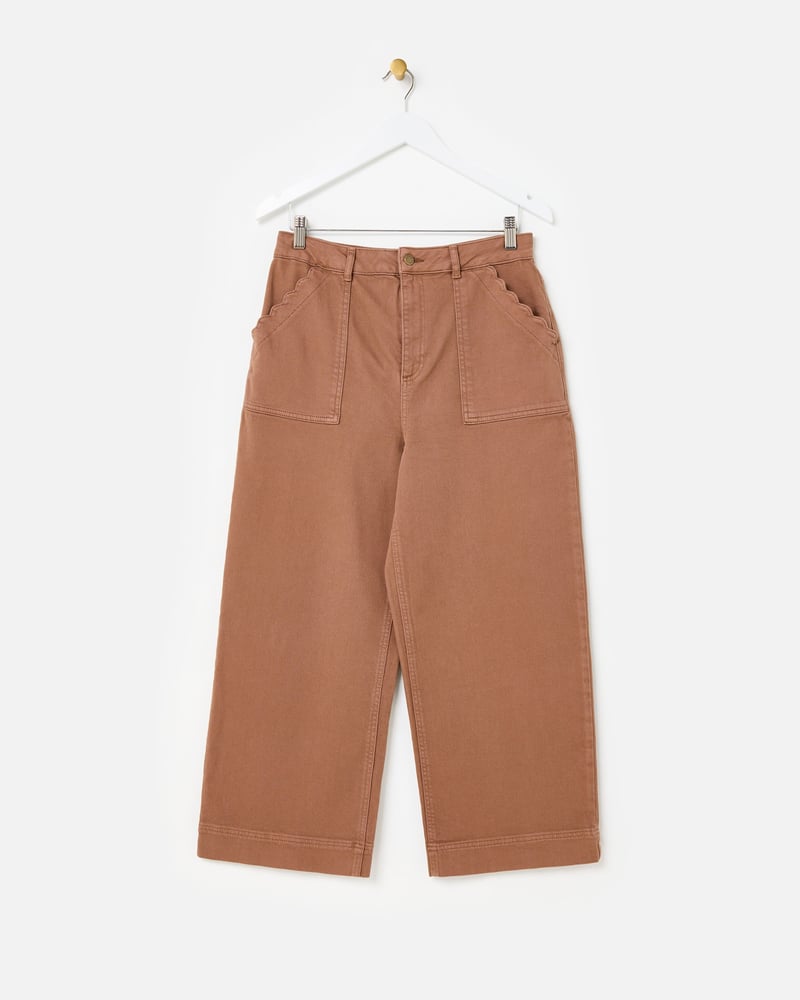 Mocha Brown Scalloped Pocket Cropped Wide Leg Jeans