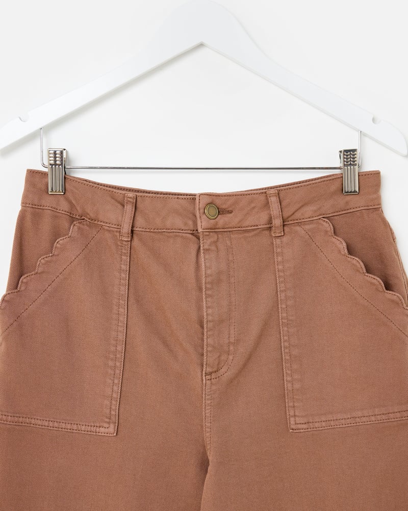 Mocha Brown Scalloped Pocket Cropped Wide Leg Jeans
