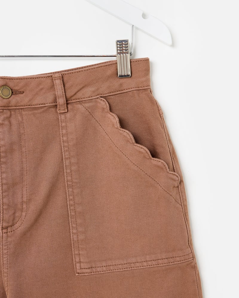 Mocha Brown Scalloped Pocket Cropped Wide Leg Jeans