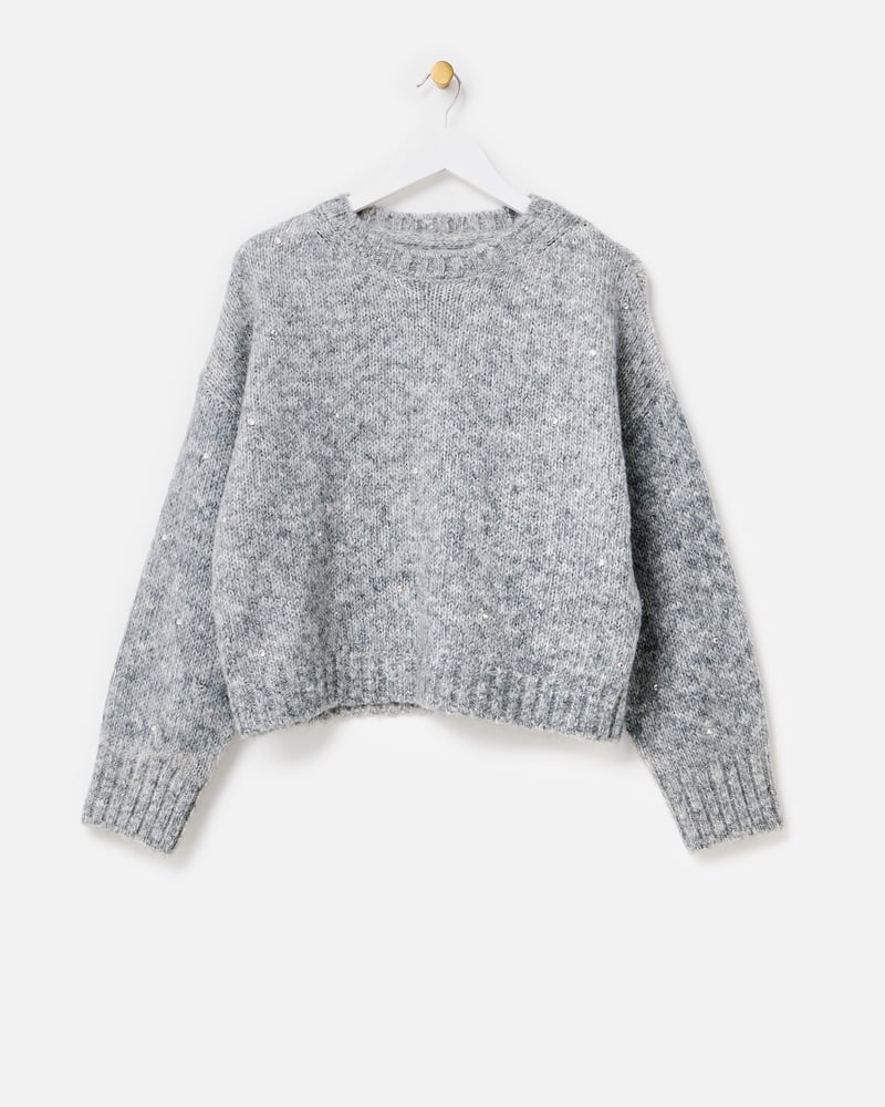Grey Marl Studded Crew Neck Knitted Jumper