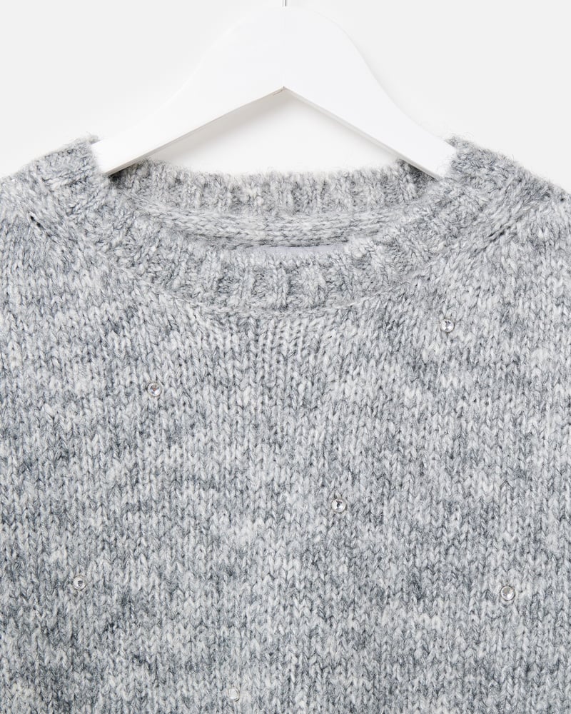Grey Marl Studded Crew Neck Knitted Jumper