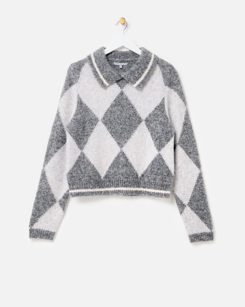Grey Diamond Sequin Collared Knitted Jumper