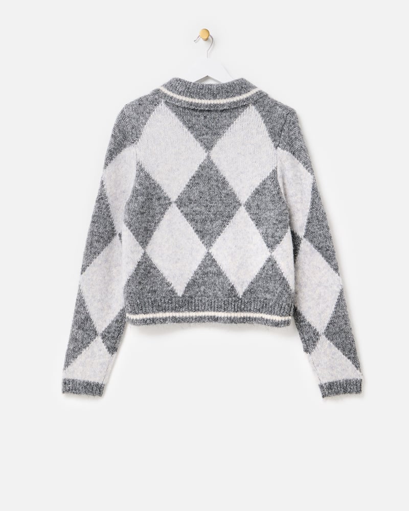 Grey Diamond Sequin Collared Knitted Jumper