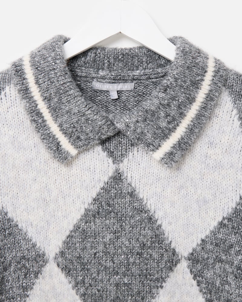 Grey Diamond Sequin Collared Knitted Jumper