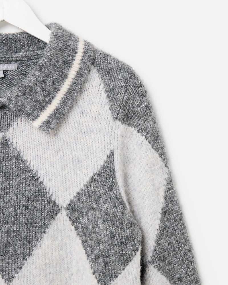 Grey Diamond Sequin Collared Knitted Jumper