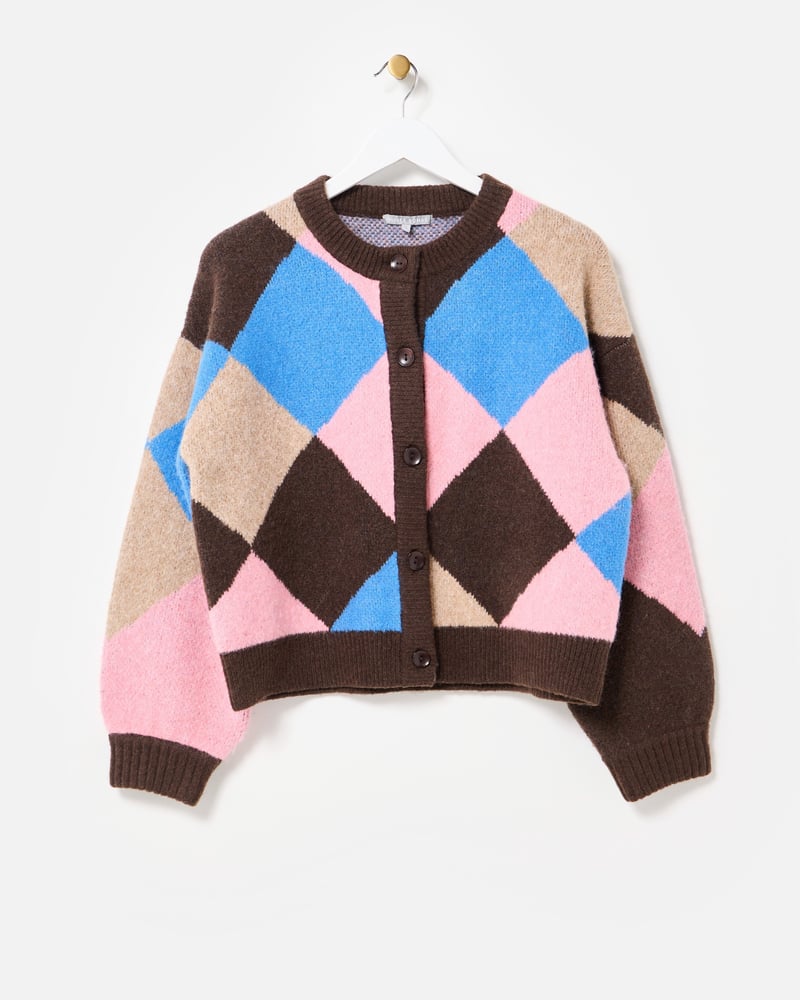 Brown & Blue Diamond Crew Neck Knitted Cardigan