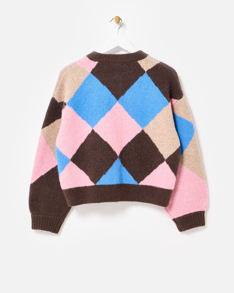 Brown & Blue Diamond Crew Neck Knitted Cardigan