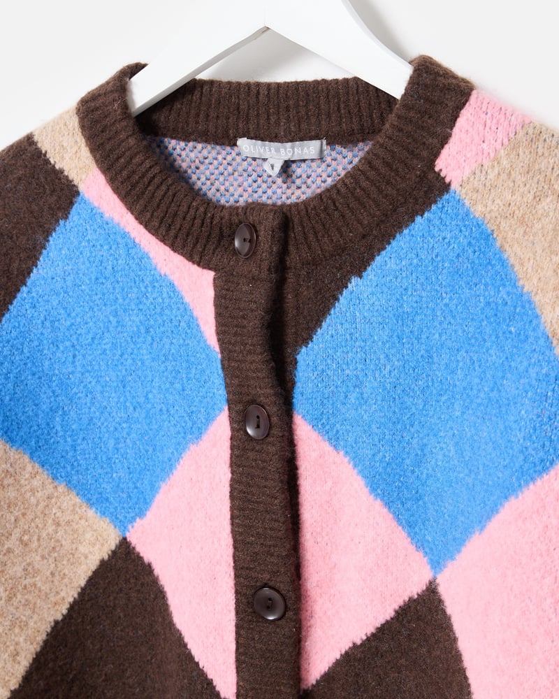 Brown & Blue Diamond Crew Neck Knitted Cardigan