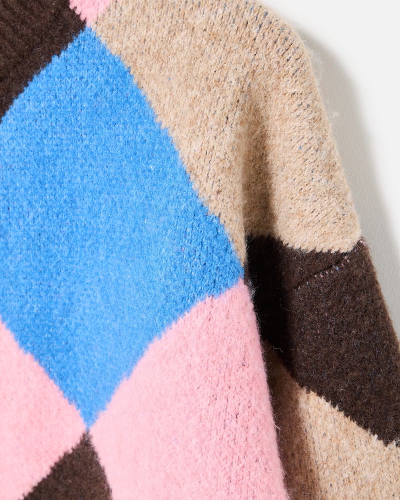 Brown & Blue Diamond Crew Neck Knitted Cardigan