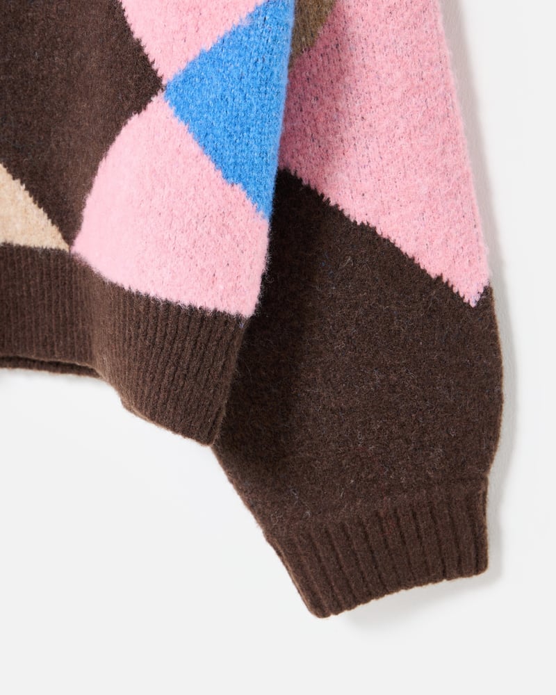 Brown & Blue Diamond Crew Neck Knitted Cardigan