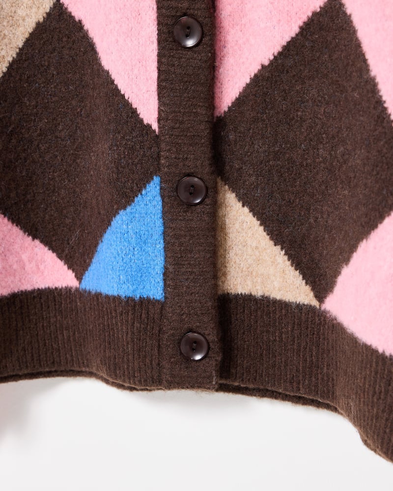 Brown & Blue Diamond Crew Neck Knitted Cardigan