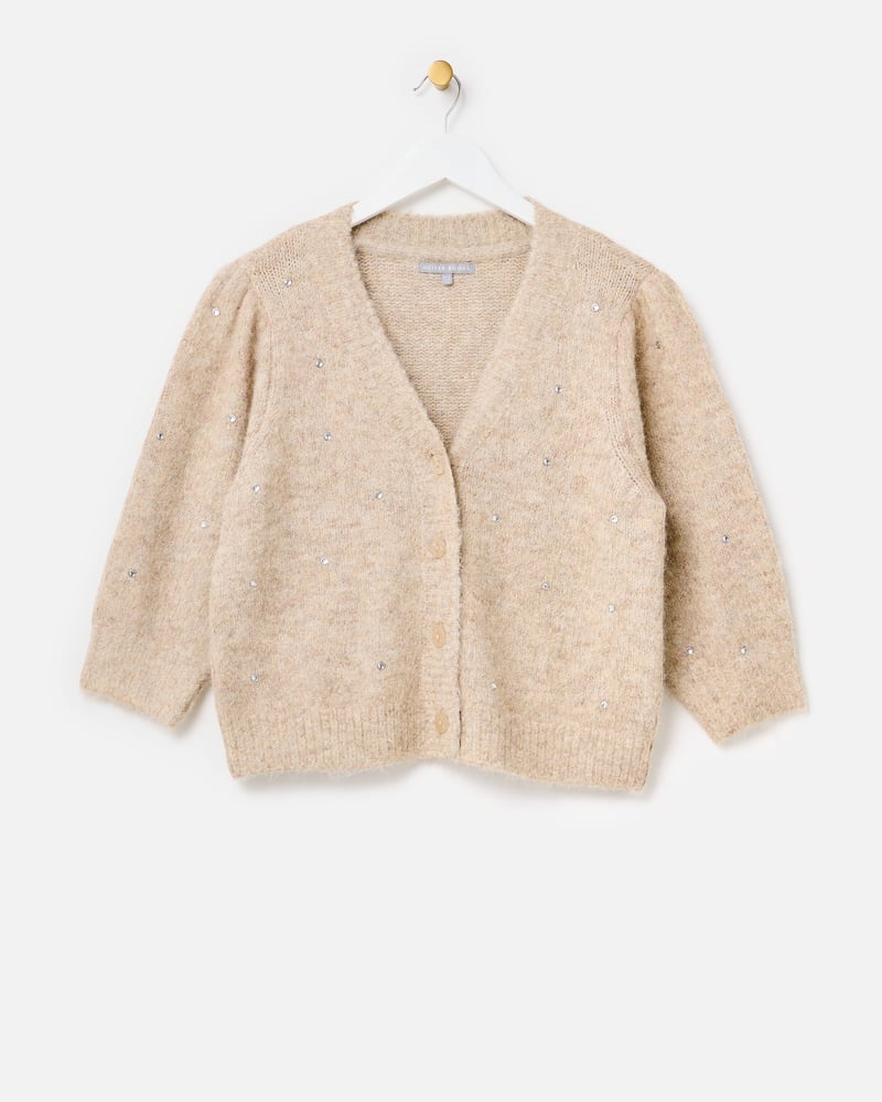 Camel Studded V-Neck Knitted Cardigan