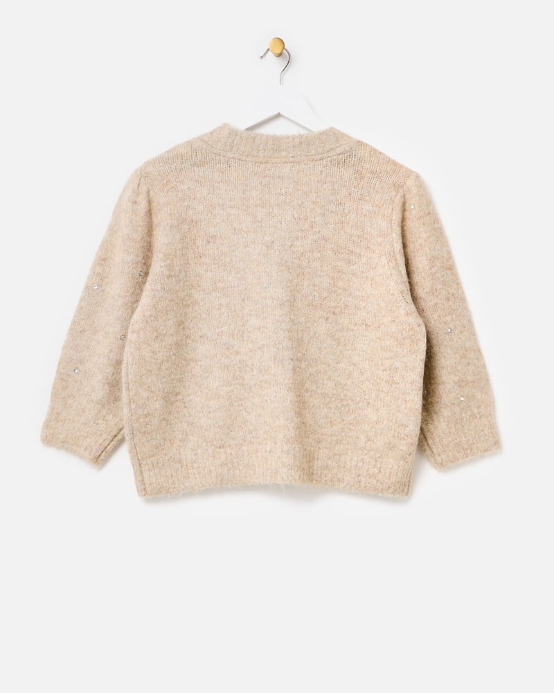 Camel Studded V-Neck Knitted Cardigan