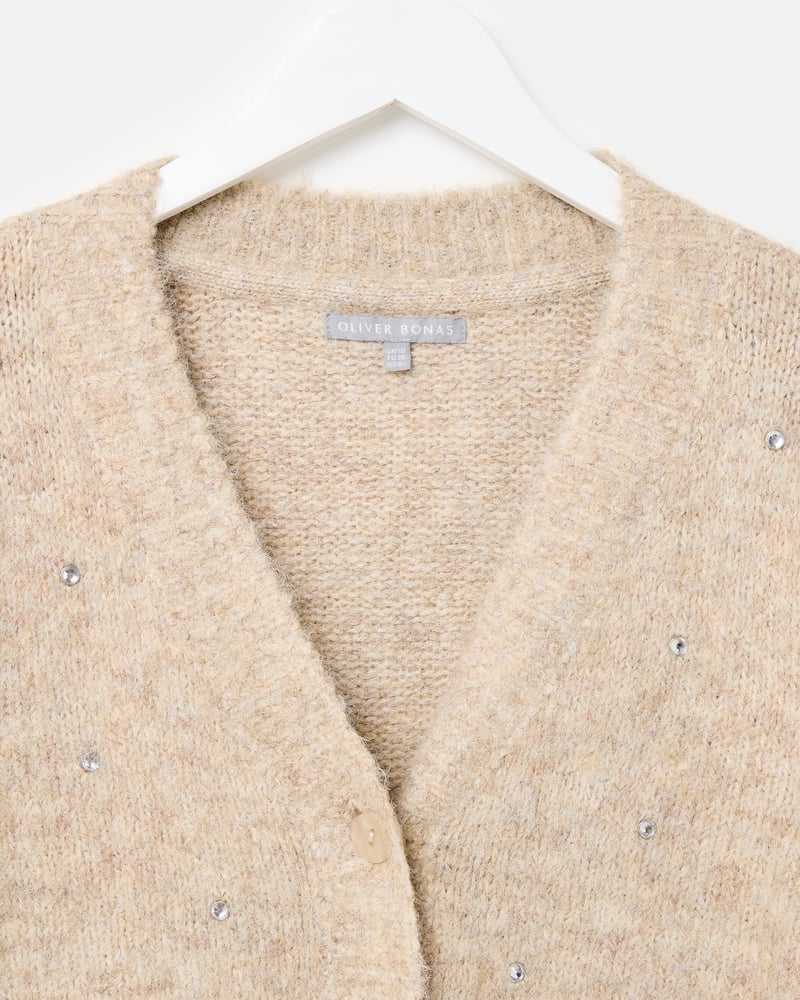 Camel Studded V-Neck Knitted Cardigan