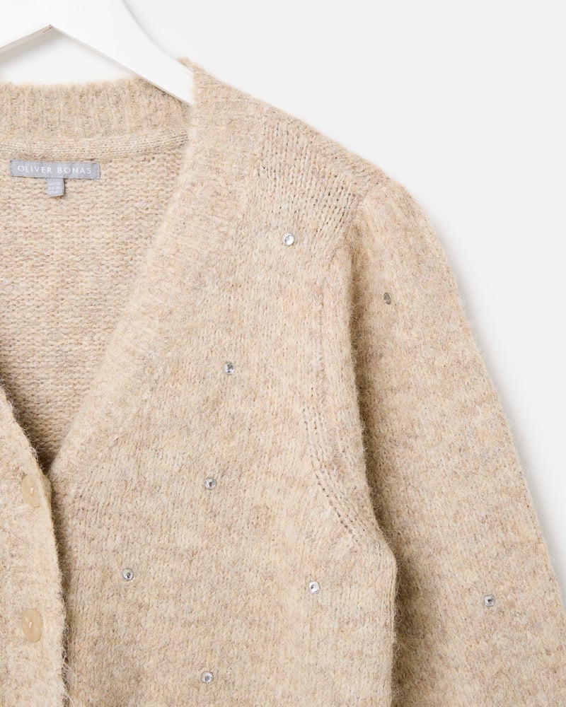 Camel Studded V-Neck Knitted Cardigan