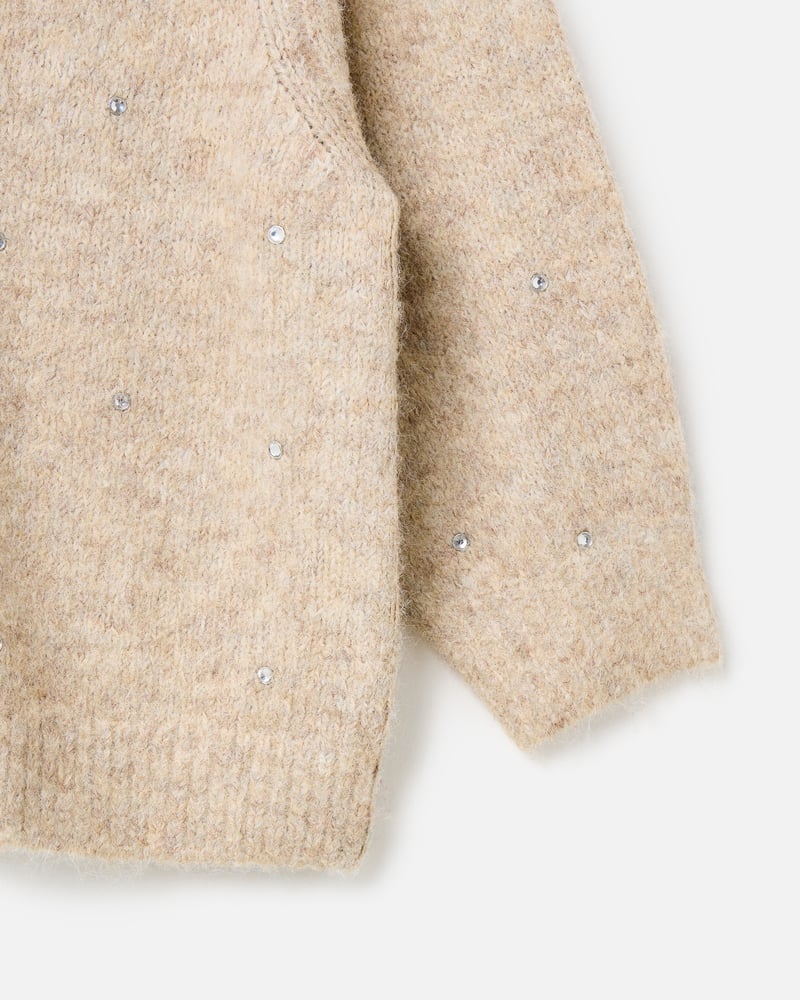 Camel Studded V-Neck Knitted Cardigan
