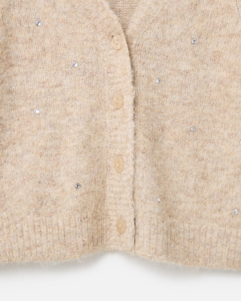 Camel Studded V-Neck Knitted Cardigan