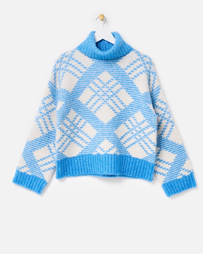 Blue & White Diamond Roll Neck Knitted Jumper