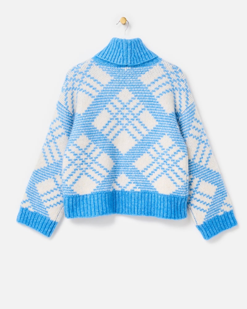 Blue & White Diamond Roll Neck Knitted Jumper