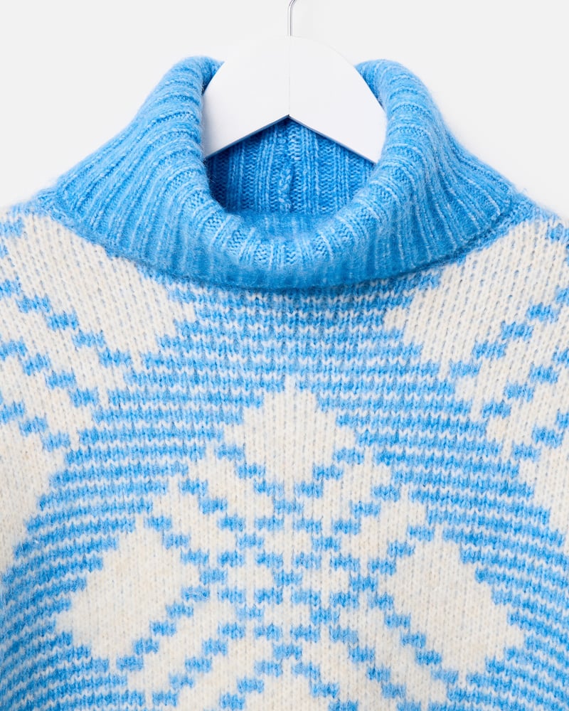 Blue & White Diamond Roll Neck Knitted Jumper