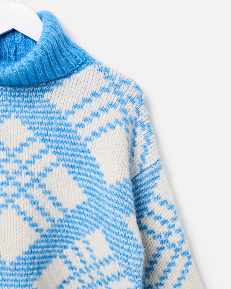 Blue & White Diamond Roll Neck Knitted Jumper