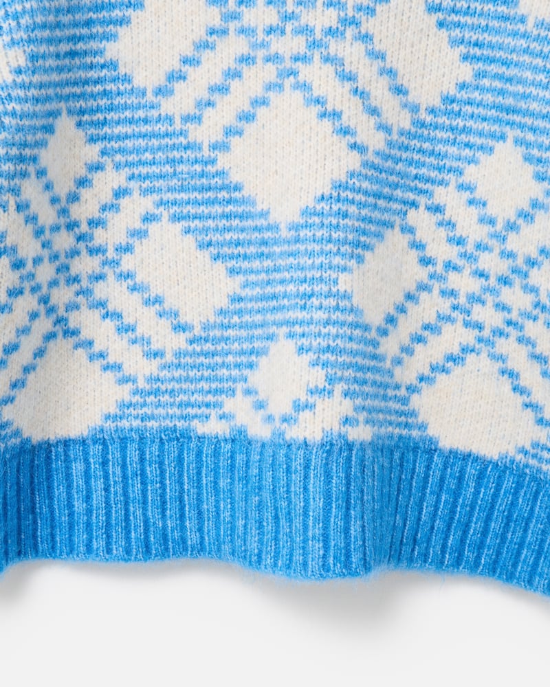 Blue & White Diamond Roll Neck Knitted Jumper