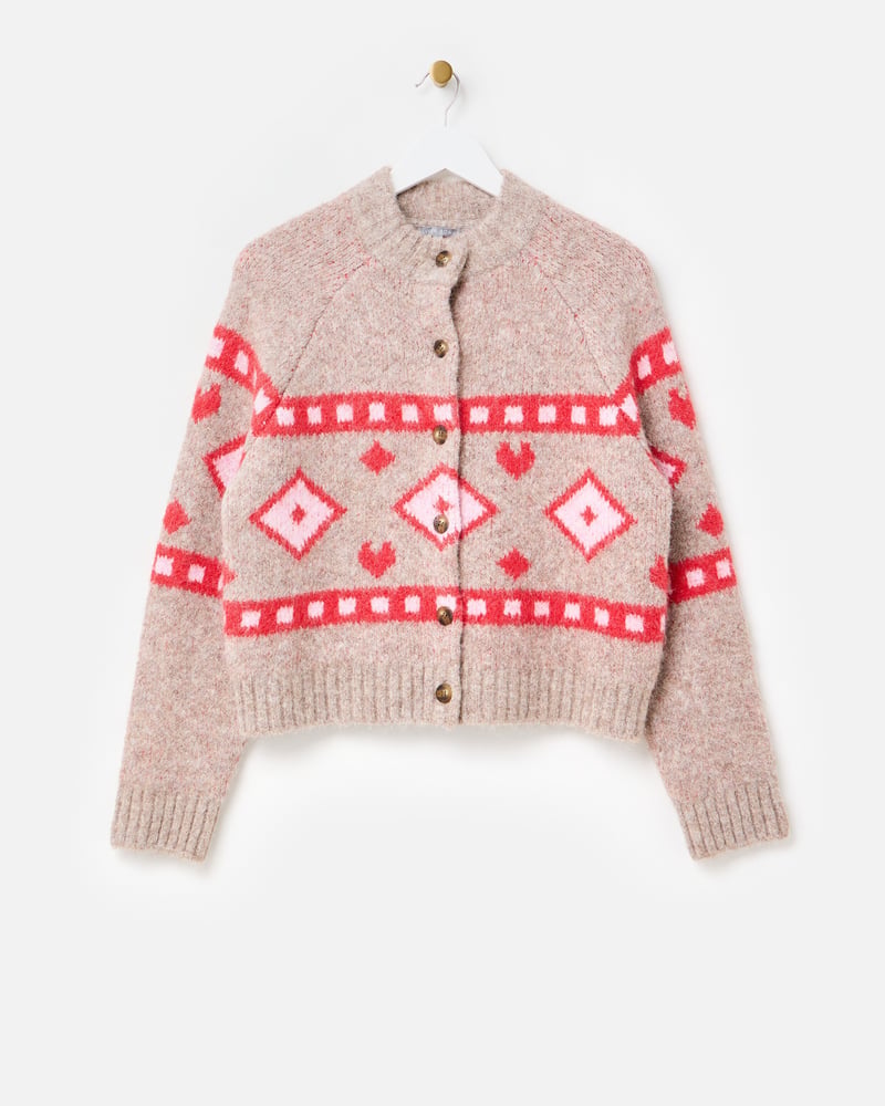 Light Brown & Red Geometric Knitted Cardigan