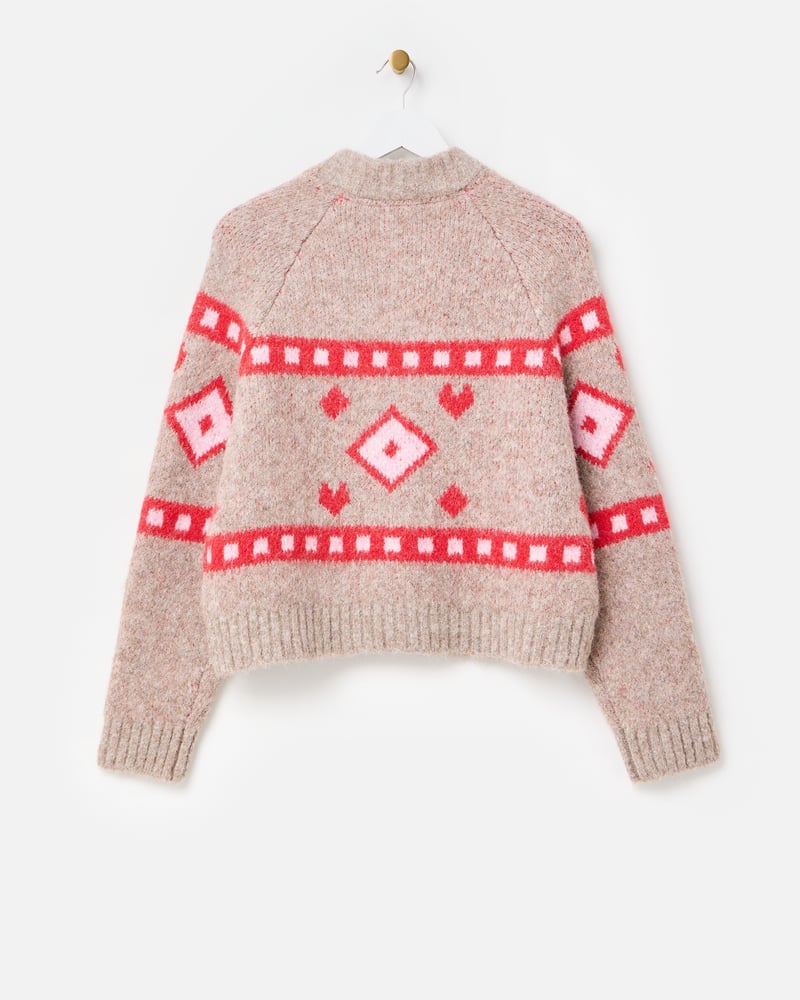 Light Brown & Red Geometric Knitted Cardigan