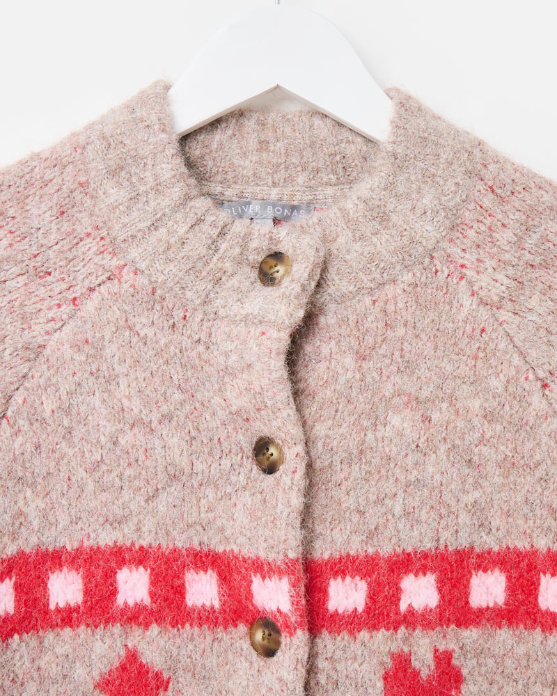 Light Brown & Red Geometric Knitted Cardigan