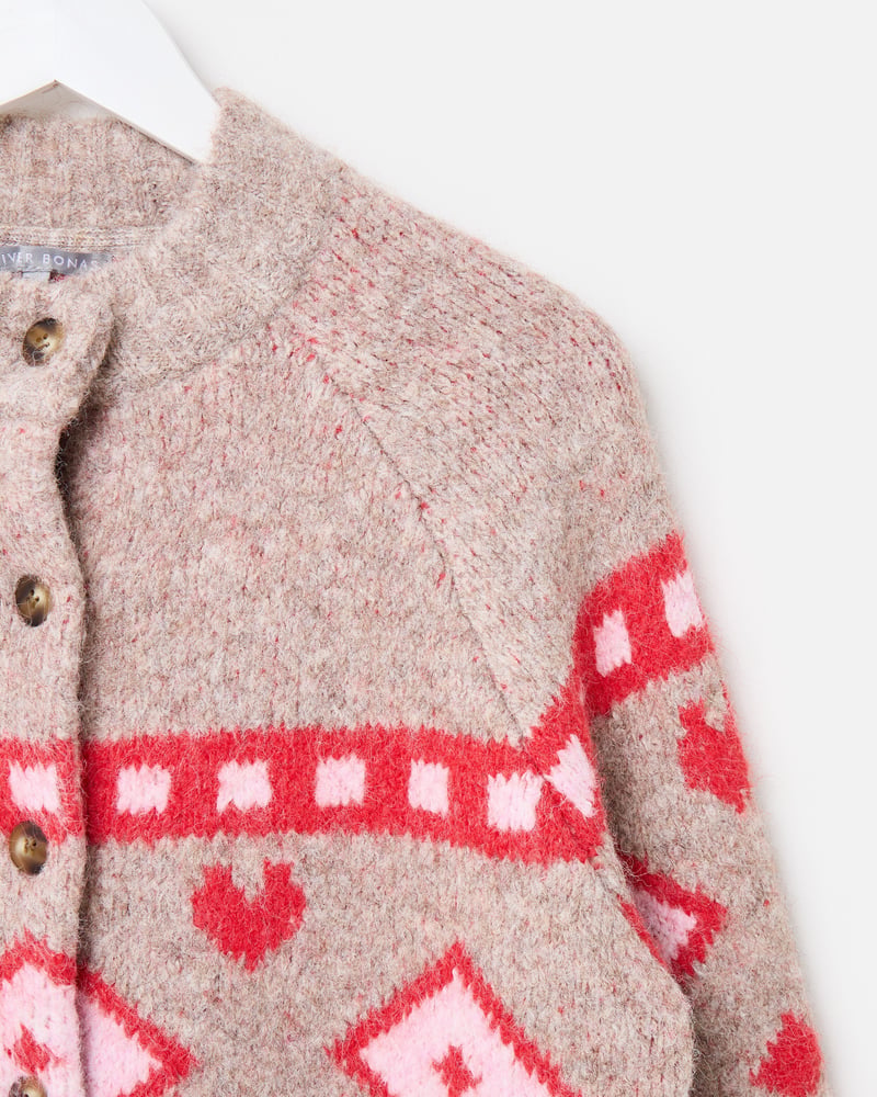Light Brown & Red Geometric Knitted Cardigan
