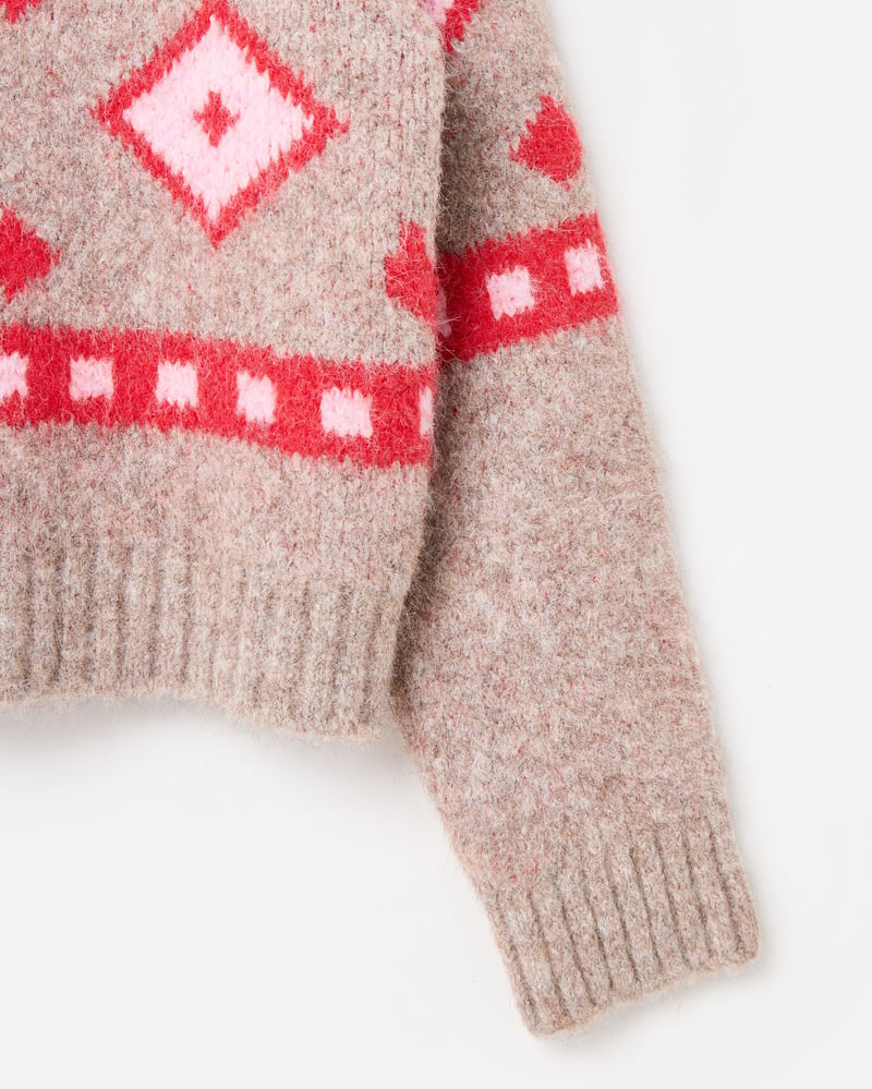 Light Brown & Red Geometric Knitted Cardigan