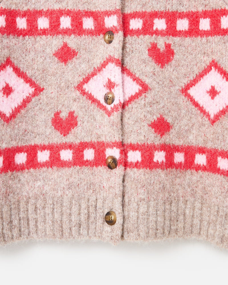 Light Brown & Red Geometric Knitted Cardigan